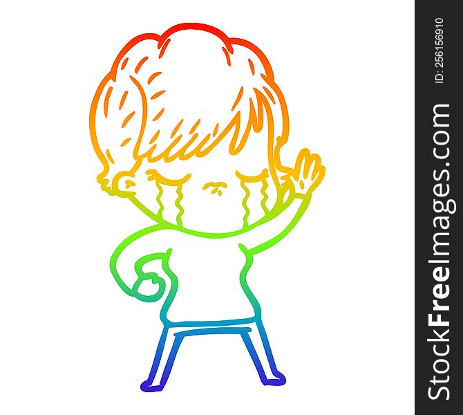 Rainbow Gradient Line Drawing Cartoon Woman Crying