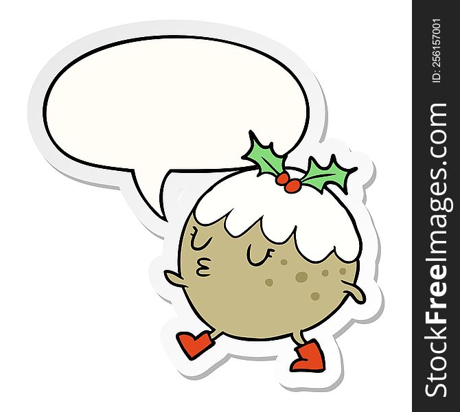 Cartoon Christmas Pudding Walking And Speech Bubble Sticker