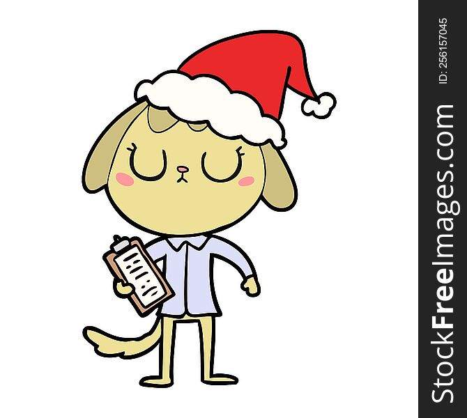 cute line drawing of a dog wearing office shirt wearing santa hat