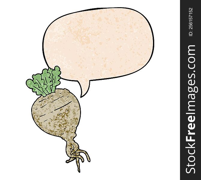cartoon root vegetable with speech bubble in retro texture style
