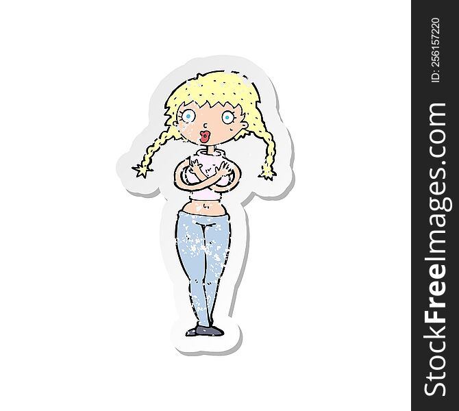 retro distressed sticker of a cartoon offended woman covering herself