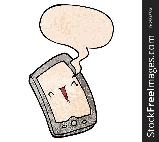 cute cartoon mobile phone with speech bubble in retro texture style
