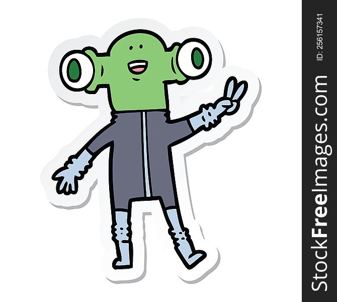 sticker of a friendly cartoon alien giving peace sign