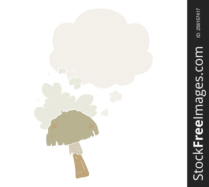 cartoon mushroom with spore cloud with thought bubble in retro style