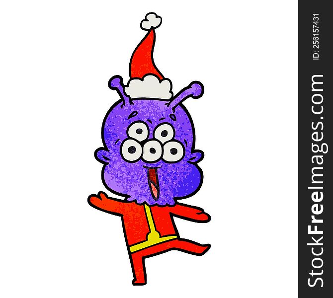 happy hand drawn textured cartoon of a alien dancing wearing santa hat. happy hand drawn textured cartoon of a alien dancing wearing santa hat