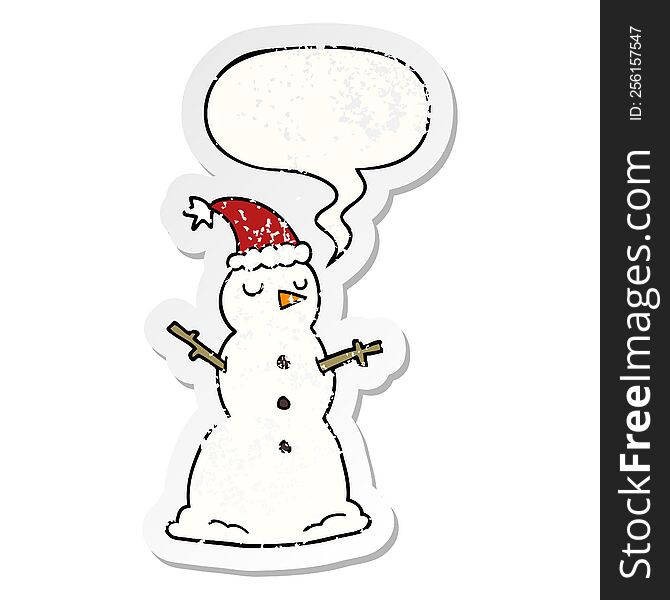 Cartoon Snowman And Speech Bubble Distressed Sticker