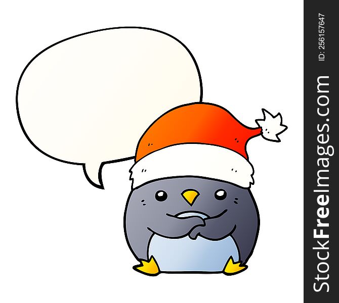 cute cartoon penguin wearing christmas hat and speech bubble in smooth gradient style