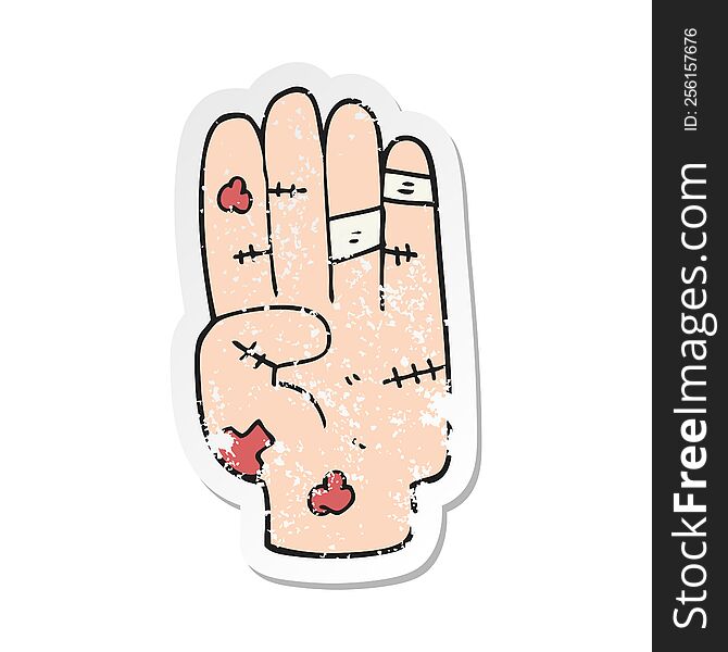 retro distressed sticker of a cartoon injured hand
