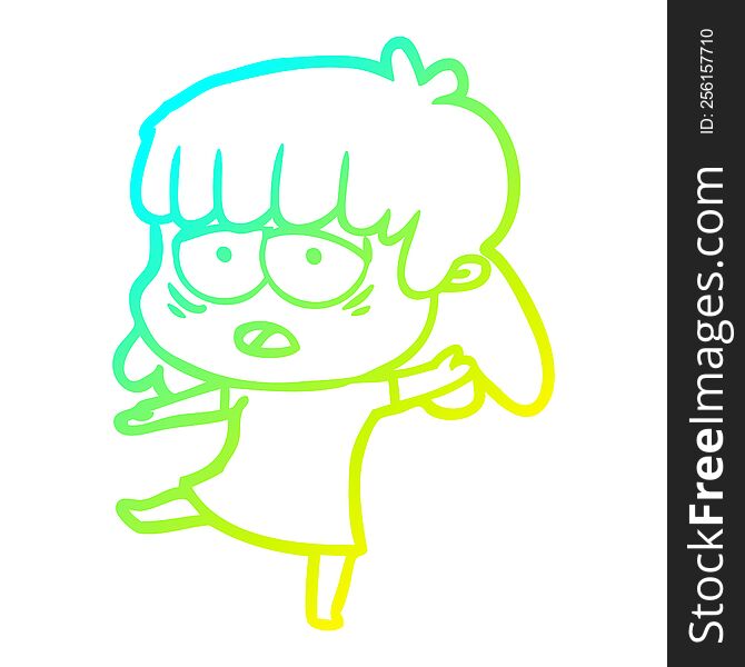 cold gradient line drawing of a cartoon tired woman