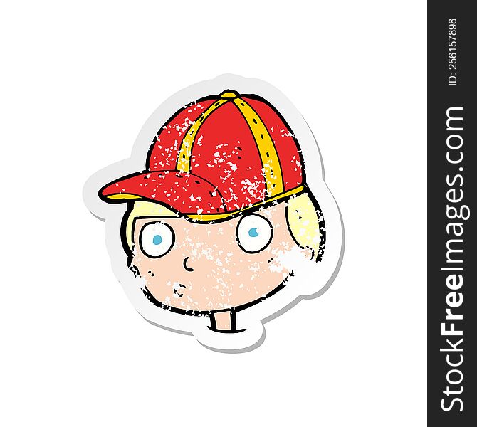 retro distressed sticker of a cartoon curious boy wearing cap