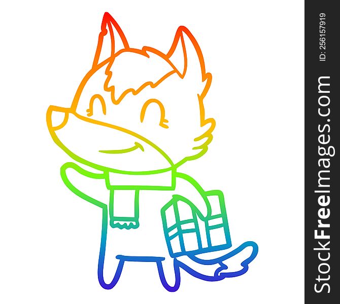rainbow gradient line drawing of a friendly cartoon wolf with present