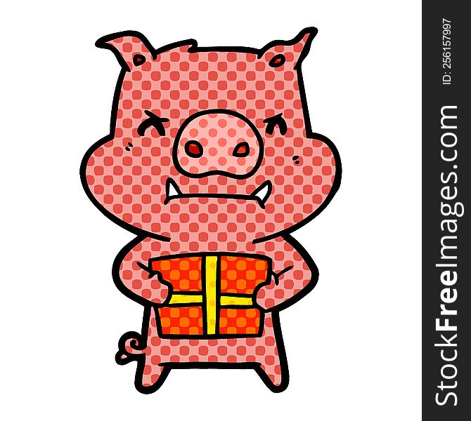 angry cartoon pig with christmas gift. angry cartoon pig with christmas gift