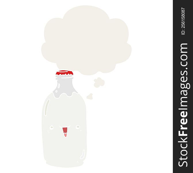 cute cartoon milk bottle with thought bubble in retro style