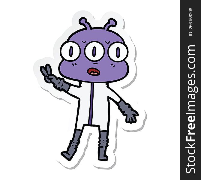 Sticker Of A Cartoon Three Eyed Alien Waving