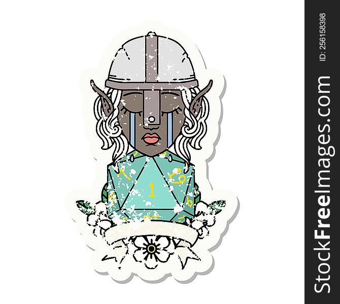 Crying Elf Fighter Character Face With Natural One D20 Roll Illustration
