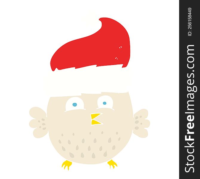 flat color illustration of a cartoon owl wearing christmas hat