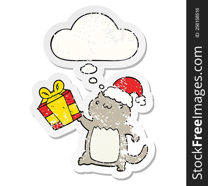 Cute Cartoon Christmas Cat And Thought Bubble As A Distressed Worn Sticker