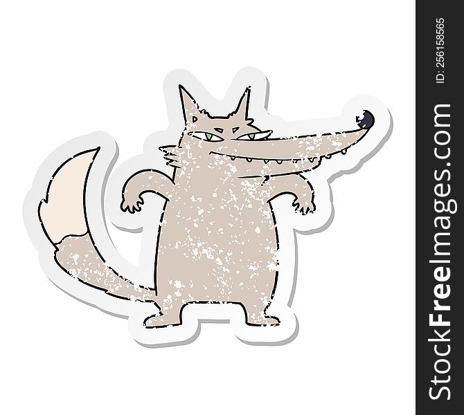 Distressed Sticker Of A Sly Cartoon Wolf