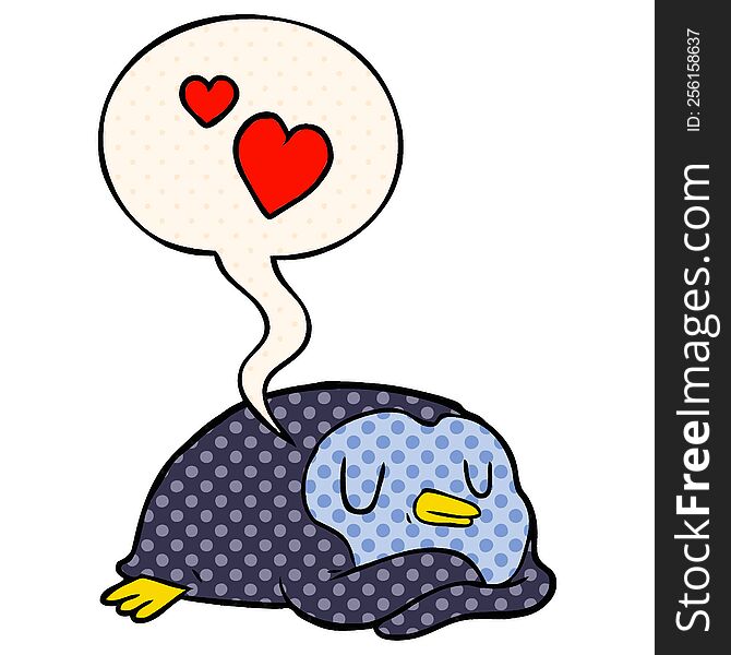 cartoon penguin and love hearts and speech bubble in comic book style