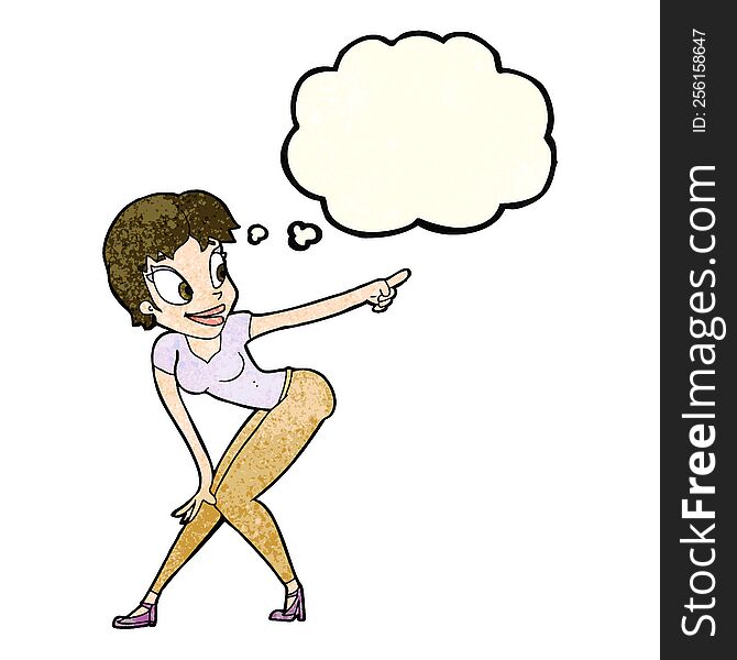 Cartoon Pretty Woman Pointing With Thought Bubble