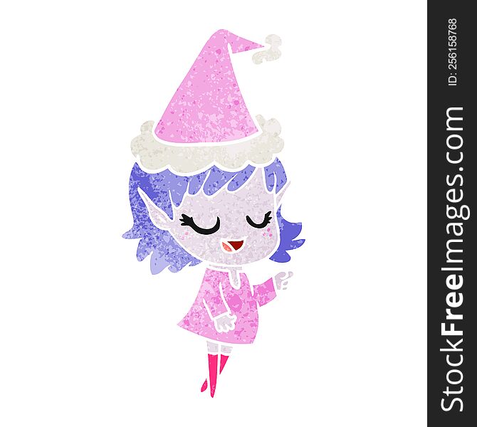 Happy Retro Cartoon Of A Elf Girl Pointing Wearing Santa Hat