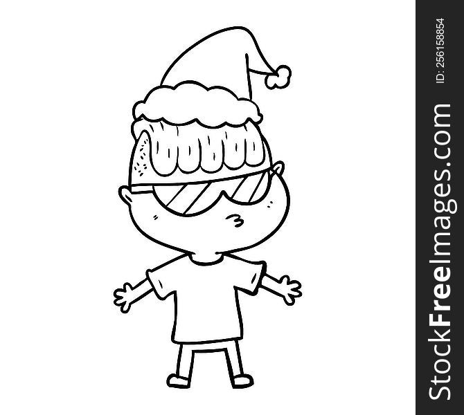 hand drawn line drawing of a boy wearing sunglasses wearing santa hat
