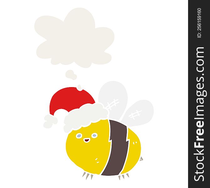cute cartoon bee wearing christmas hat with thought bubble in retro style