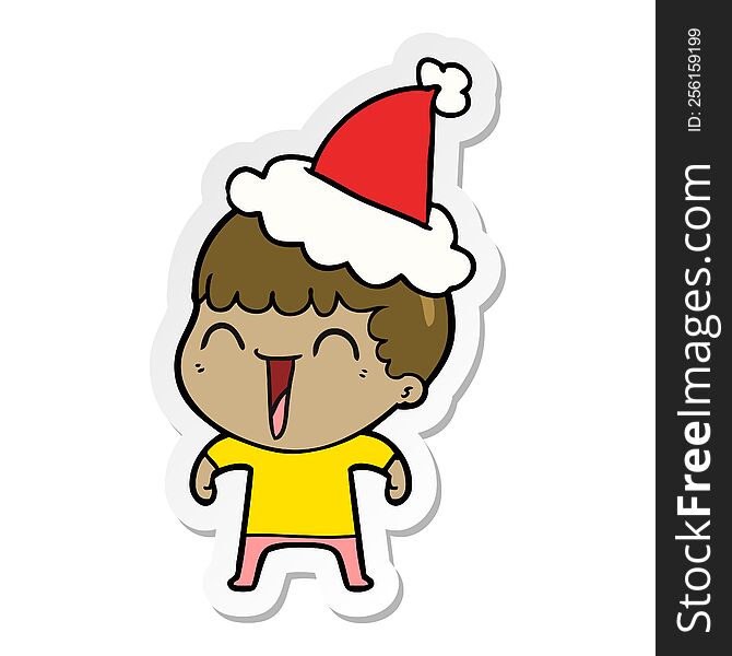 hand drawn sticker cartoon of a happy man wearing santa hat