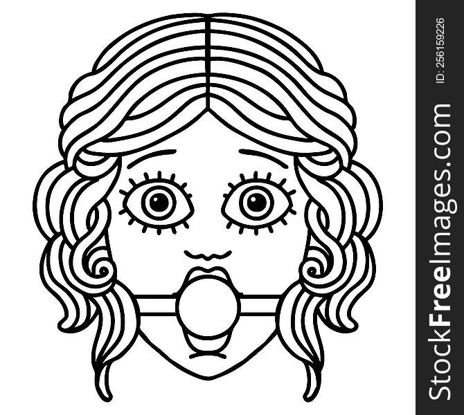 tattoo in black line style of female face wearing a ball gag. tattoo in black line style of female face wearing a ball gag