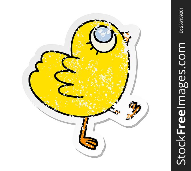 distressed sticker of a quirky hand drawn cartoon yellow bird