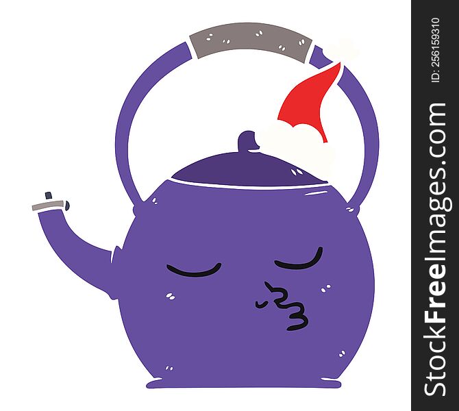 Flat Color Illustration Of A Kettle Wearing Santa Hat