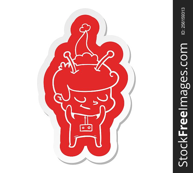 shy quirky cartoon  sticker of a spaceman wearing santa hat