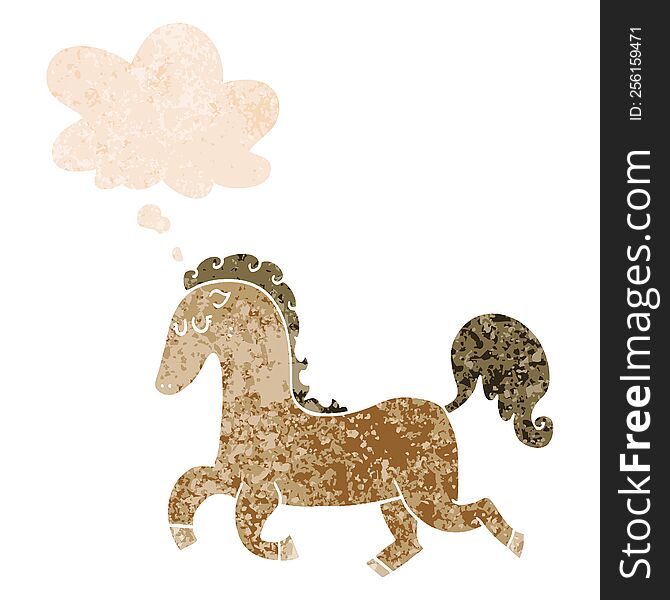 cartoon horse running with thought bubble in grunge distressed retro textured style. cartoon horse running with thought bubble in grunge distressed retro textured style