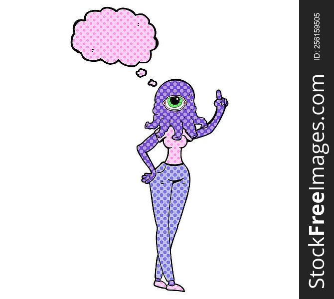 freehand drawn thought bubble cartoon female alien with raised hand