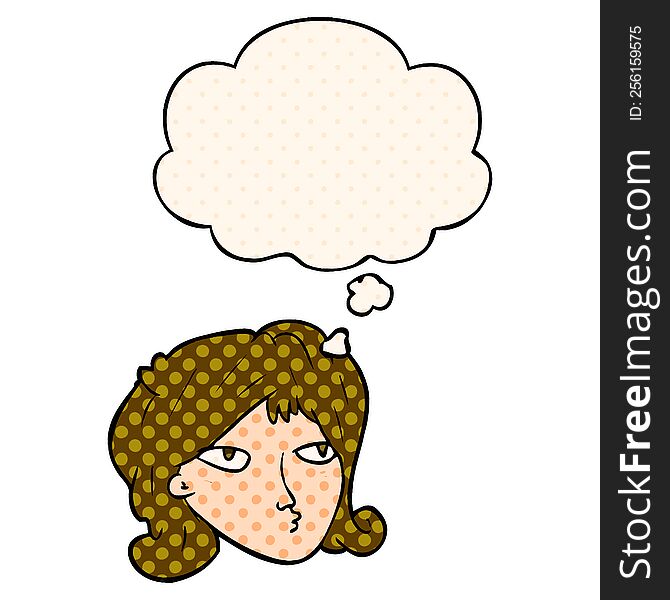 cartoon woman with thought bubble in comic book style