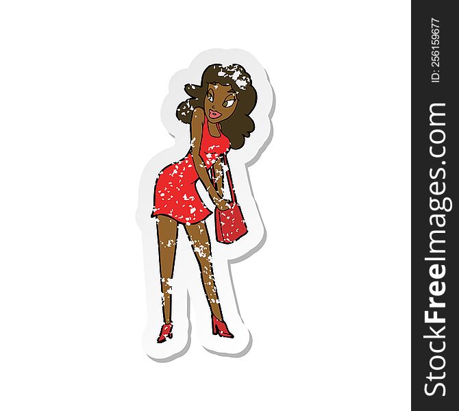 retro distressed sticker of a cartoon woman looking in handbag