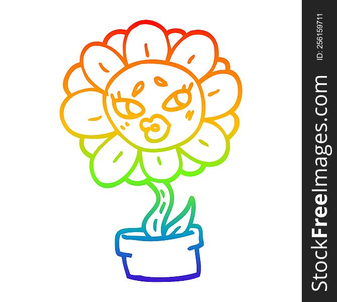 Rainbow Gradient Line Drawing Cartoon Flower Pot