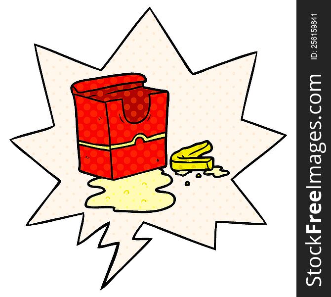 cartoon empty box of fries with speech bubble in comic book style