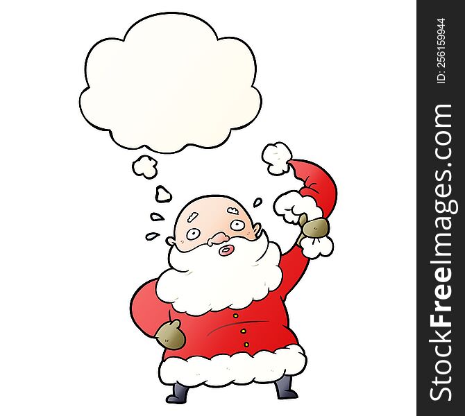 cartoon santa claus waving hat and thought bubble in smooth gradient style