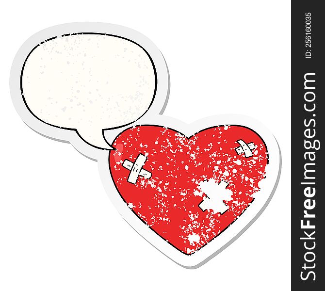 Cartoon Beaten Up Heart And Speech Bubble Distressed Sticker