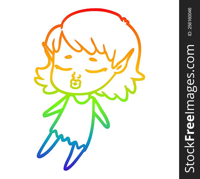 Rainbow Gradient Line Drawing Pretty Cartoon Elf Girl Flying