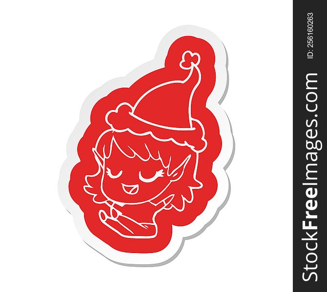 happy quirky cartoon  sticker of a elf girl sitting wearing santa hat
