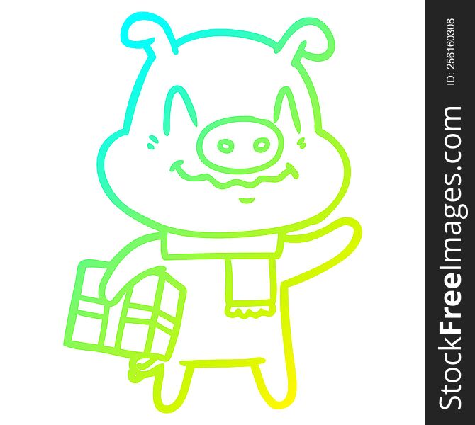 Cold Gradient Line Drawing Nervous Cartoon Pig With Present