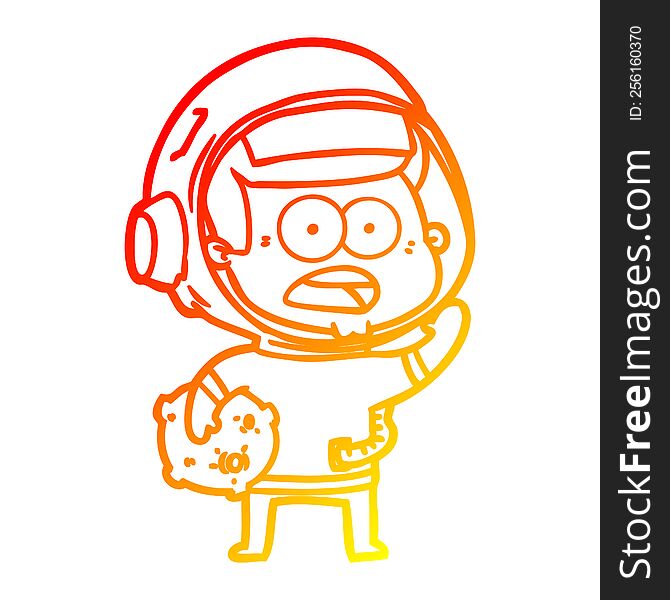 warm gradient line drawing of a cartoon surprised astronaut holding moon rock