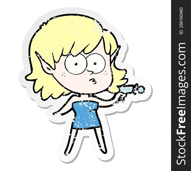 Distressed Sticker Of A Cartoon Elf Girl With Ray Gun