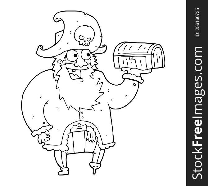 freehand drawn black and white cartoon pirate captain with treasure chest