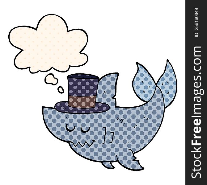 cartoon shark wearing top hat with thought bubble in comic book style