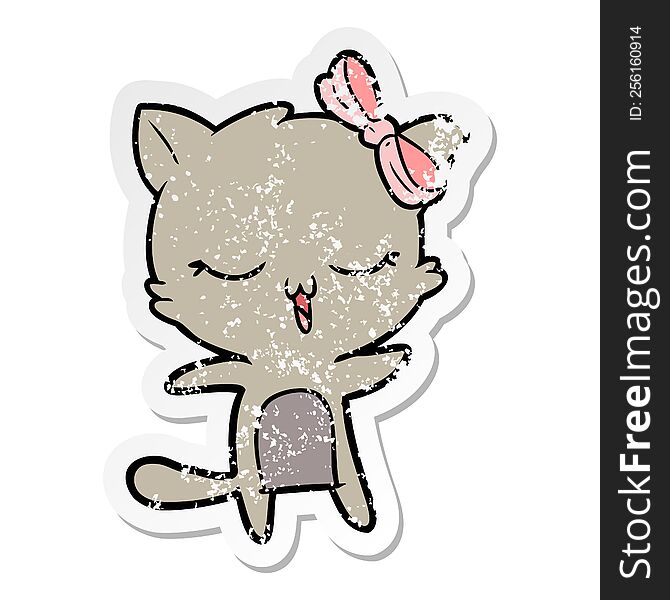 Distressed Sticker Of A Cartoon Cat With Bow On Head