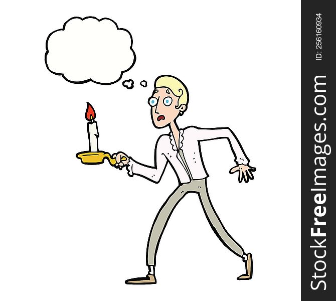 cartoon frightened man walking with candlestick with thought bubble