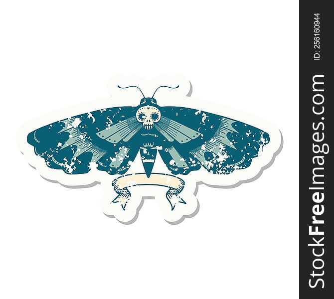 grunge sticker with banner of a deaths head moth